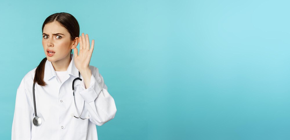 Image of confused woman doctor cant hear you holding hand near ear and looking puzzled speak louder gesture torquoise background